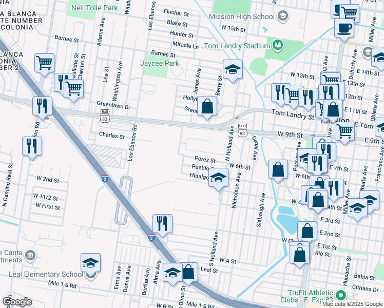 map of restaurants, bars, coffee shops, grocery stores, and more near 1013 Perez Street in Mission