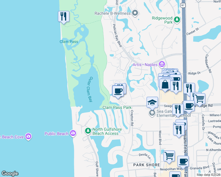 map of restaurants, bars, coffee shops, grocery stores, and more near 5555 Heron Point Drive in Naples