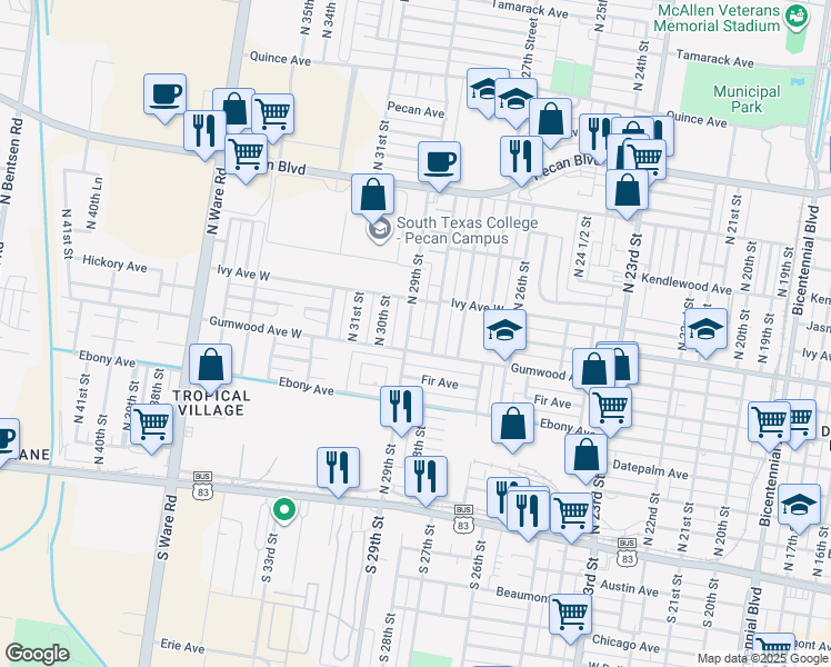 map of restaurants, bars, coffee shops, grocery stores, and more near 813 North 28th Street in McAllen