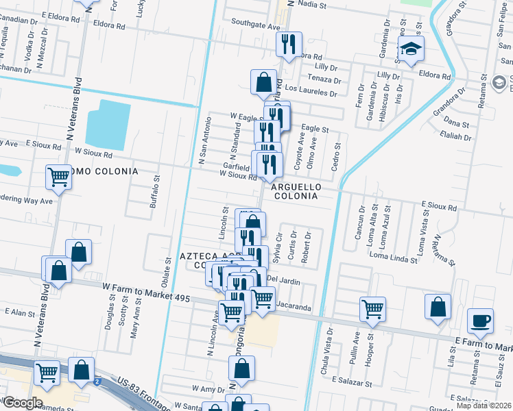 map of restaurants, bars, coffee shops, grocery stores, and more near 2017 North Raul Longoria Road in San Juan
