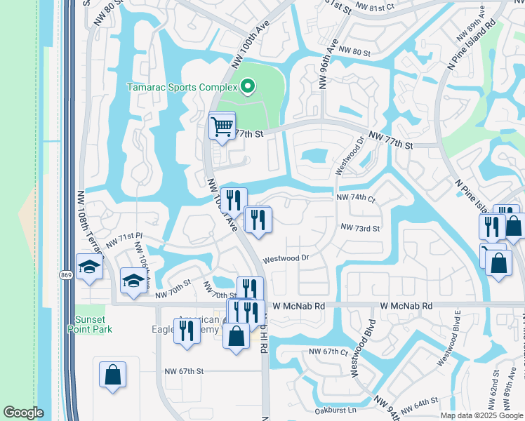map of restaurants, bars, coffee shops, grocery stores, and more near 9784 North Belfort Circle in Tamarac