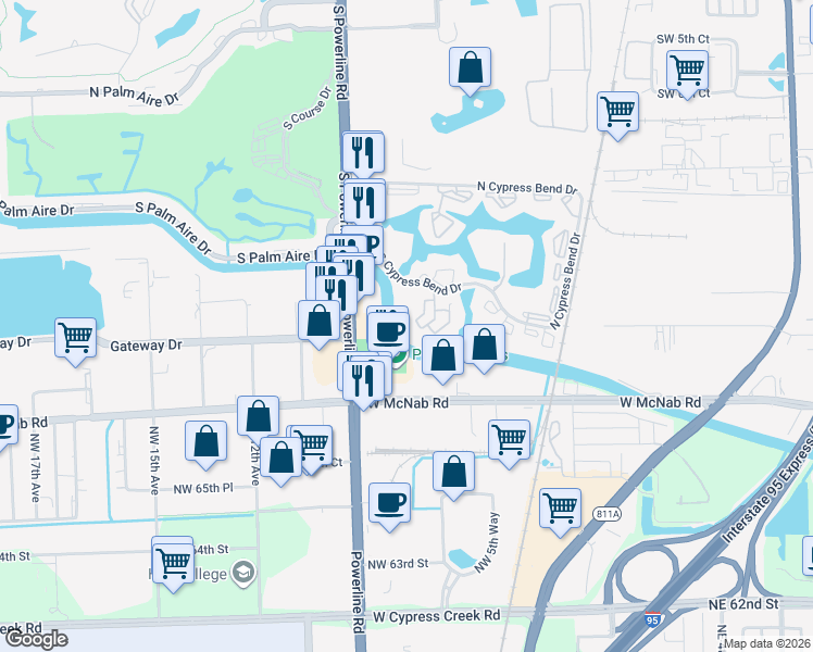 map of restaurants, bars, coffee shops, grocery stores, and more near 2324 South Cypress Bend Drive in Pompano Beach
