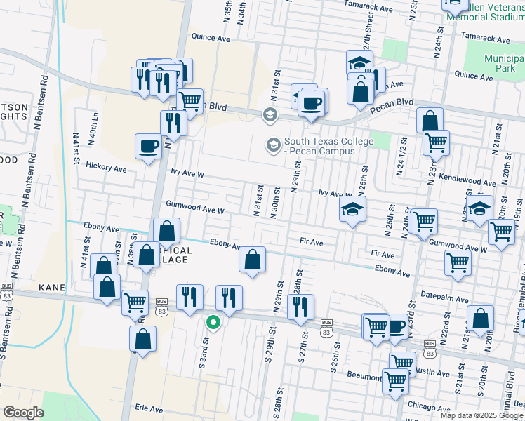 map of restaurants, bars, coffee shops, grocery stores, and more near 721 North 31st Street in McAllen