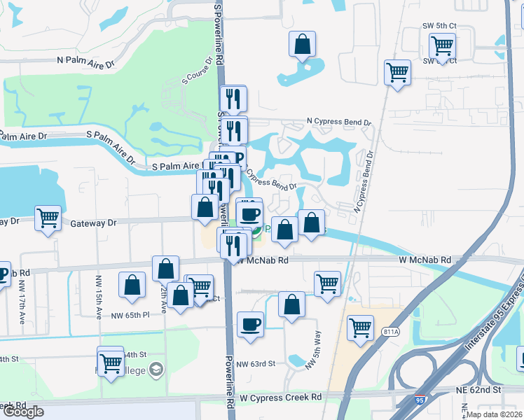 map of restaurants, bars, coffee shops, grocery stores, and more near 2324 South Cypress Bend Drive in Pompano Beach