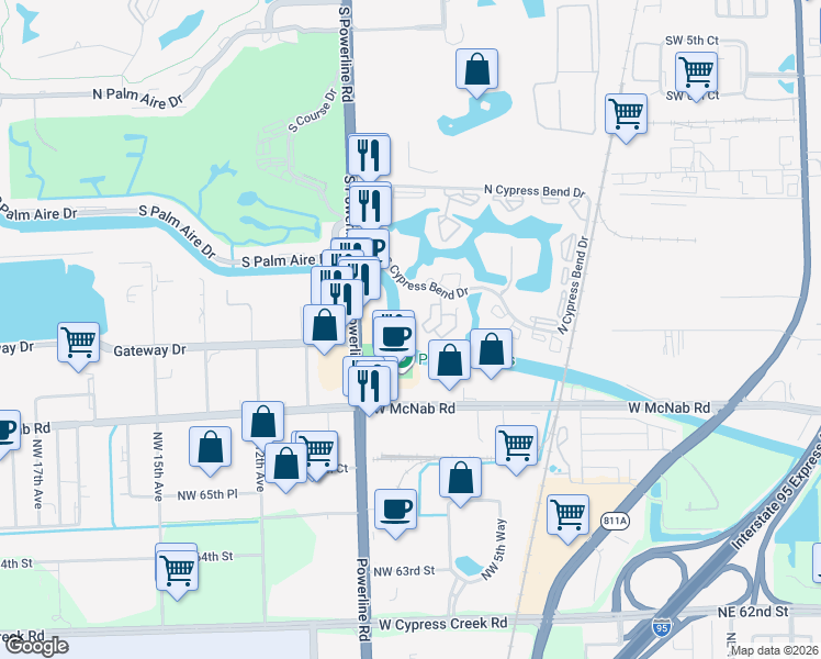map of restaurants, bars, coffee shops, grocery stores, and more near 2324 South Cypress Bend Drive in Pompano Beach