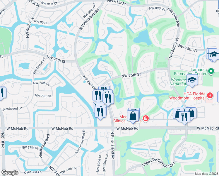 map of restaurants, bars, coffee shops, grocery stores, and more near 8722 Northwest 75th Court in Tamarac