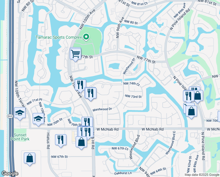 map of restaurants, bars, coffee shops, grocery stores, and more near 301 North Belfort Circle in Tamarac