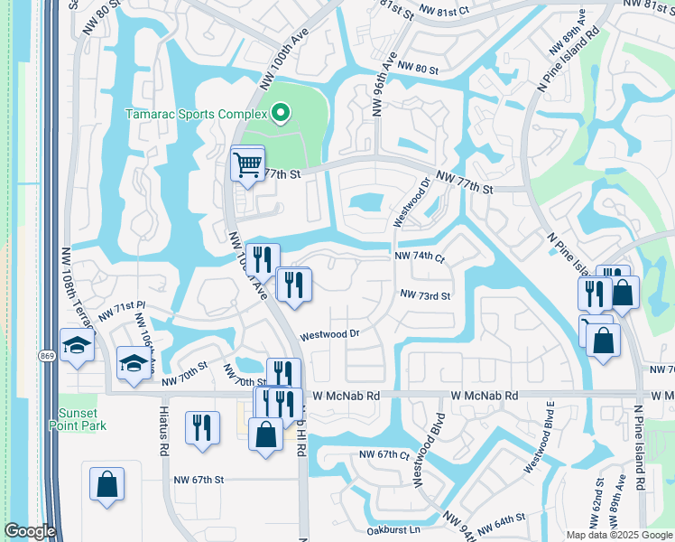 map of restaurants, bars, coffee shops, grocery stores, and more near 9506 North Belfort Circle in Tamarac