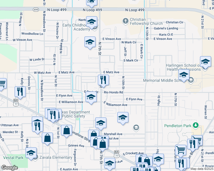 map of restaurants, bars, coffee shops, grocery stores, and more near 900 East Alcott Avenue in Harlingen