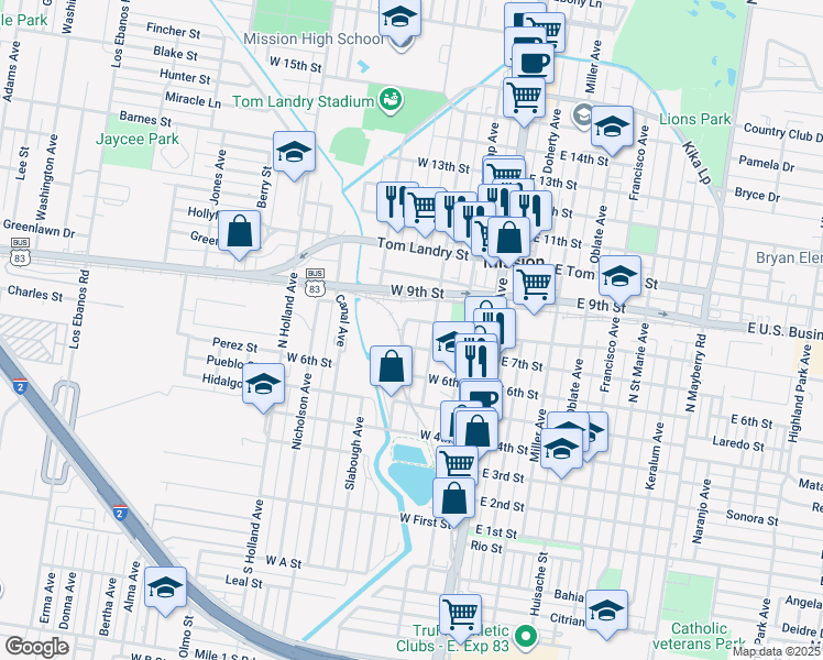 map of restaurants, bars, coffee shops, grocery stores, and more near 700 North Cummings Avenue in Mission
