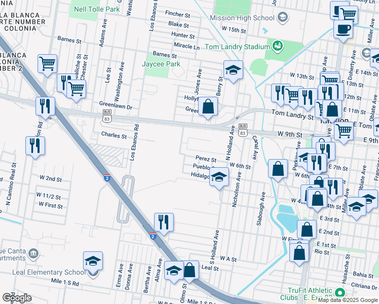 map of restaurants, bars, coffee shops, grocery stores, and more near 1013 Perez Street in Mission