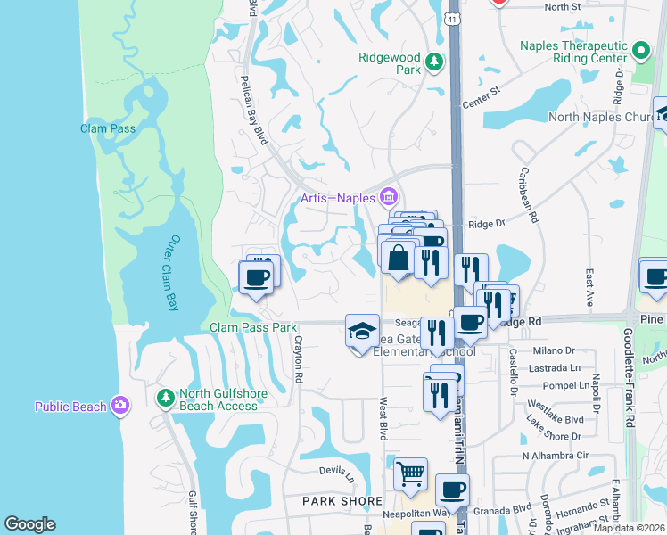 map of restaurants, bars, coffee shops, grocery stores, and more near 629 Bridge Way Lane in Naples