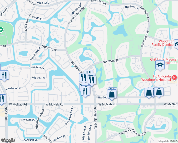 map of restaurants, bars, coffee shops, grocery stores, and more near 8722 Northwest 75th Court in Tamarac