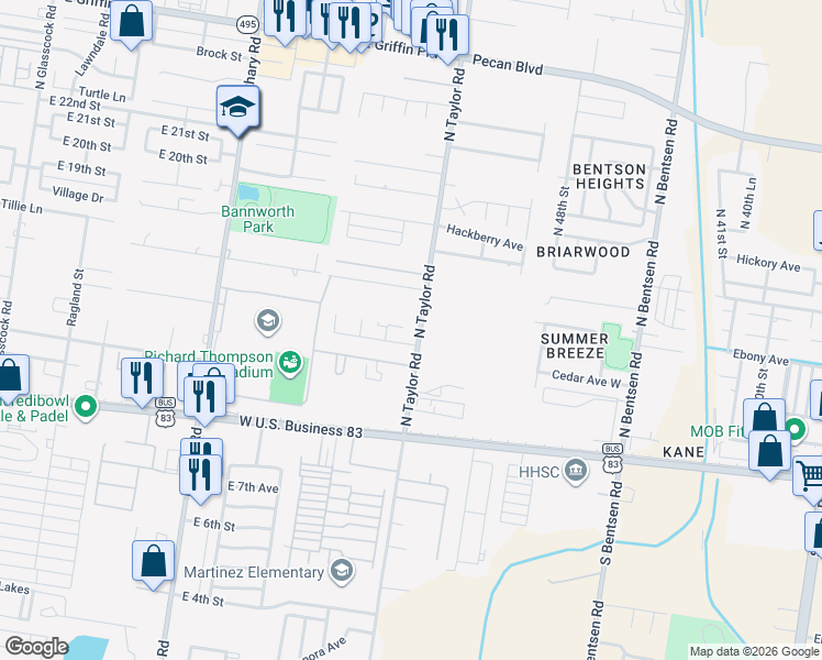 map of restaurants, bars, coffee shops, grocery stores, and more near 400 North Taylor Road in McAllen