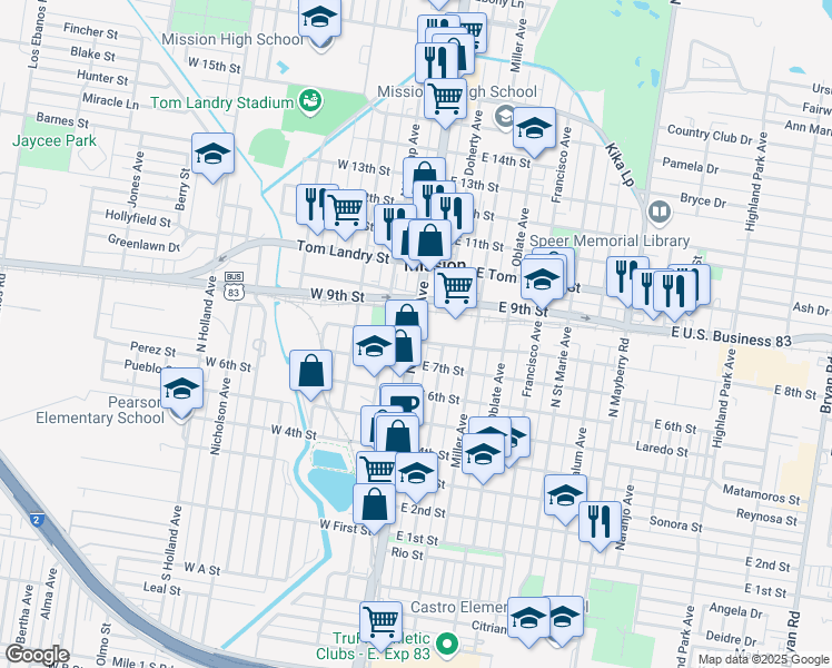 map of restaurants, bars, coffee shops, grocery stores, and more near 820 North Conway Avenue in Mission