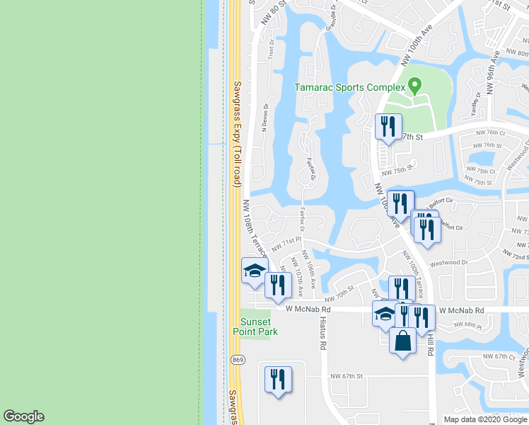 map of restaurants, bars, coffee shops, grocery stores, and more near 10816 West Clairmont Circle in Tamarac
