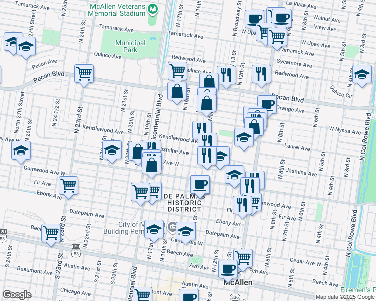map of restaurants, bars, coffee shops, grocery stores, and more near 1609 Jasmine Avenue in McAllen