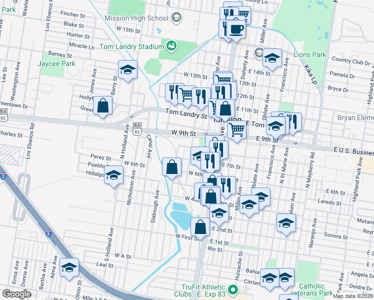 map of restaurants, bars, coffee shops, grocery stores, and more near 700 North Cummings Avenue in Mission