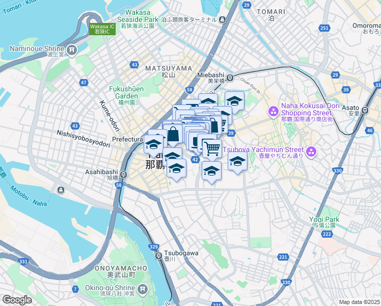 map of restaurants, bars, coffee shops, grocery stores, and more near Kokusai Dori in Naha-shi