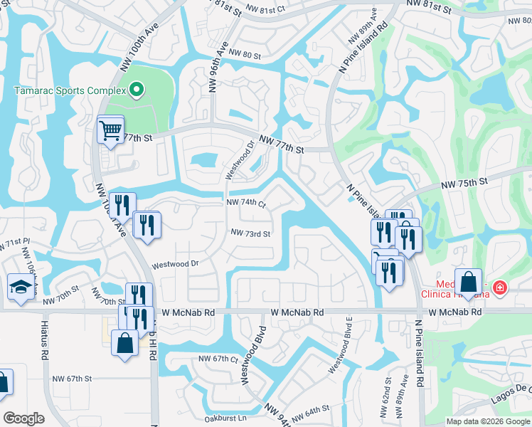 map of restaurants, bars, coffee shops, grocery stores, and more near 9418 Northwest 74th Court in Tamarac