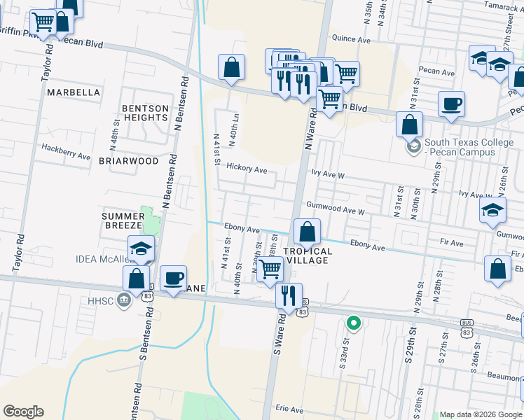 map of restaurants, bars, coffee shops, grocery stores, and more near 700 North 38th Street in McAllen