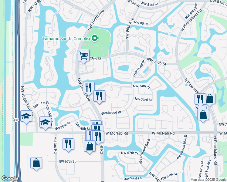 map of restaurants, bars, coffee shops, grocery stores, and more near 9506 North Belfort Circle in Tamarac