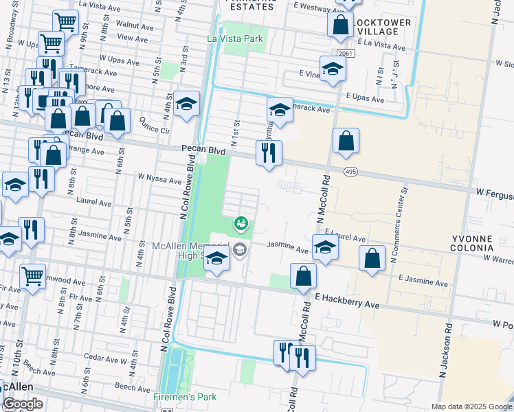 map of restaurants, bars, coffee shops, grocery stores, and more near 1320 North Cynthia Street in McAllen