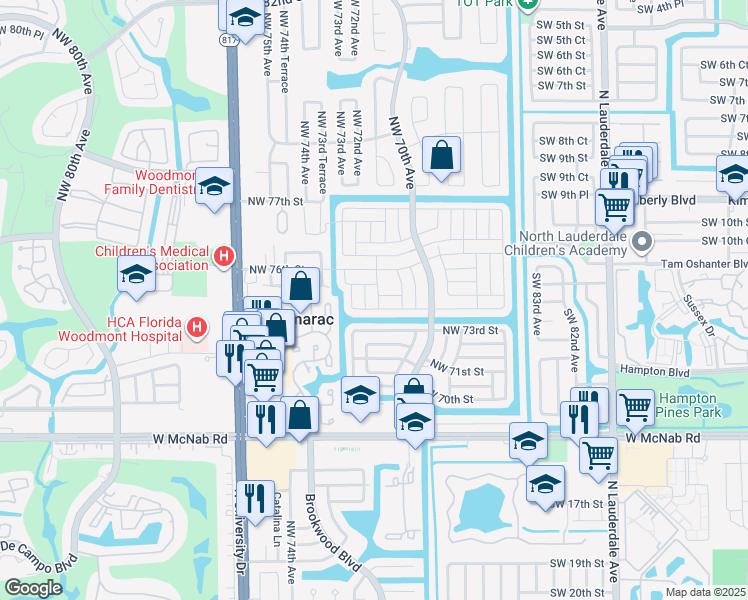 map of restaurants, bars, coffee shops, grocery stores, and more near 7421 Northwest 72nd Avenue in Tamarac