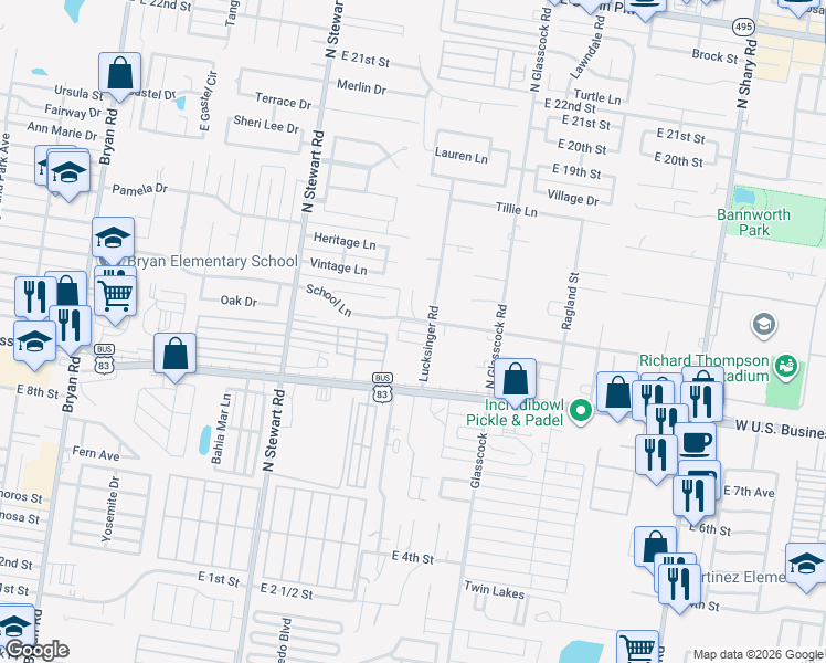 map of restaurants, bars, coffee shops, grocery stores, and more near 1201 Lucksinger Road in Mission