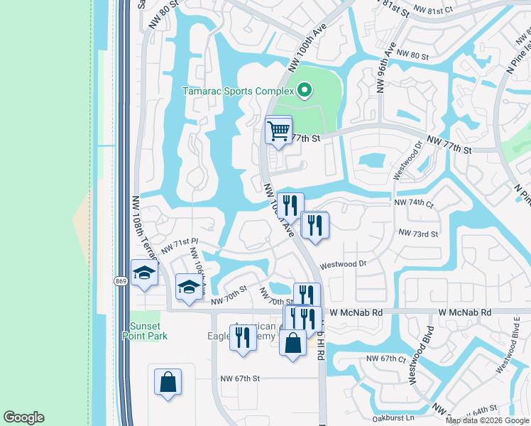 map of restaurants, bars, coffee shops, grocery stores, and more near 7342 Ashmont Circle in Tamarac