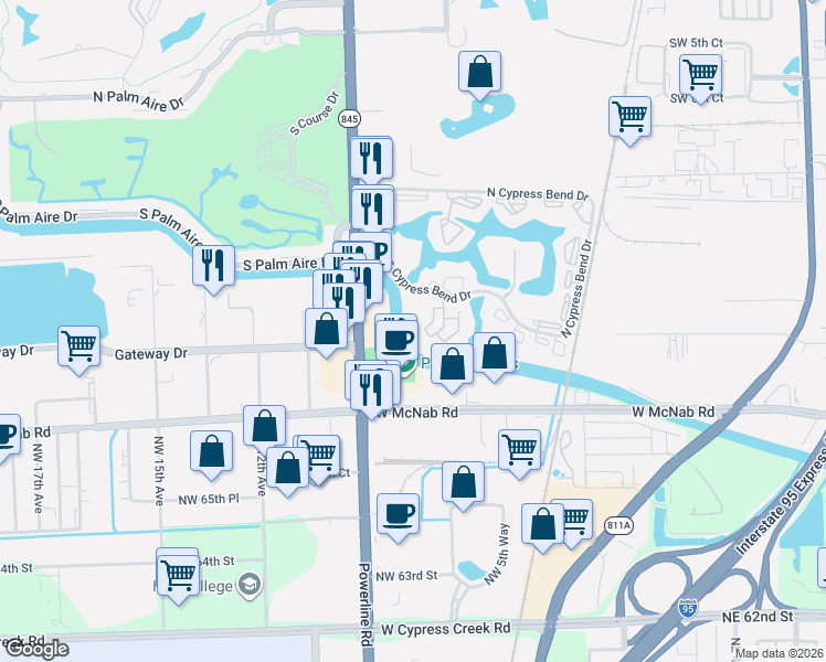 map of restaurants, bars, coffee shops, grocery stores, and more near 2324 South Cypress Bend Drive in Pompano Beach