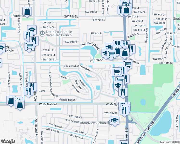 map of restaurants, bars, coffee shops, grocery stores, and more near 1024 West Jasmine Lane in North Lauderdale