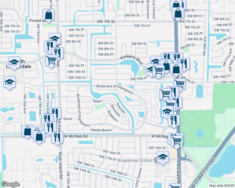 map of restaurants, bars, coffee shops, grocery stores, and more near 1363 West Glen Oak Road in North Lauderdale