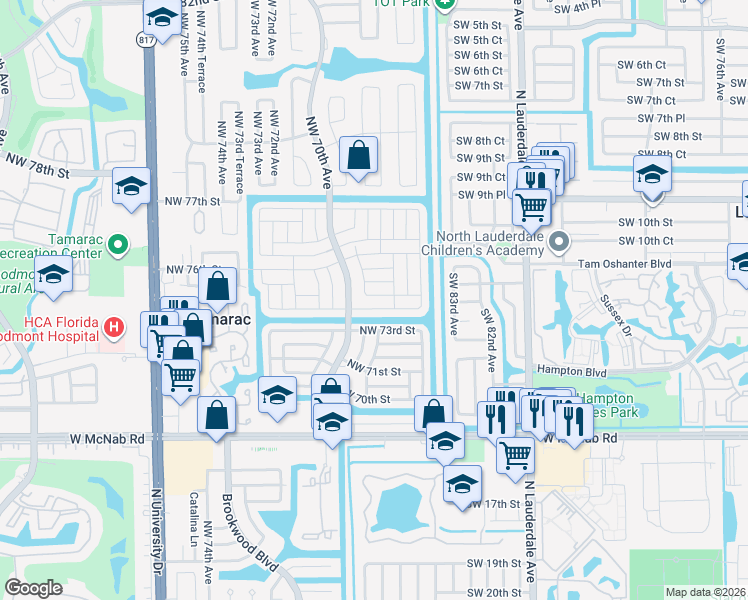 map of restaurants, bars, coffee shops, grocery stores, and more near 6800 Northwest 75th Court in Tamarac
