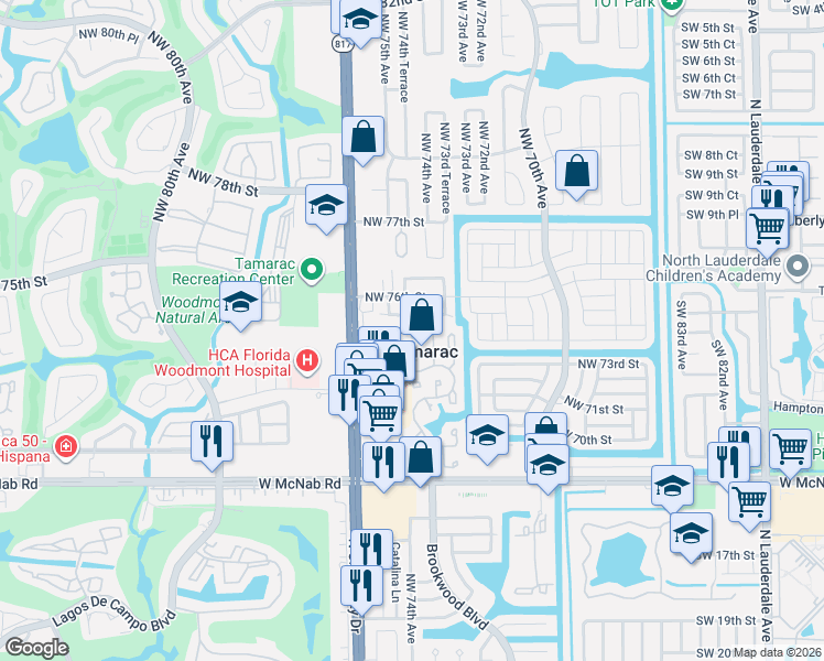 map of restaurants, bars, coffee shops, grocery stores, and more near 7410 Northwest 75th Street in Tamarac