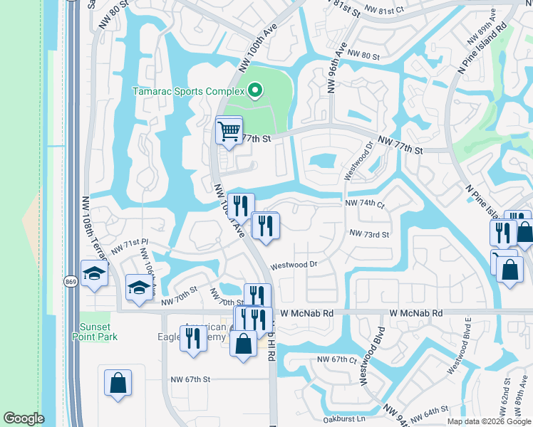 map of restaurants, bars, coffee shops, grocery stores, and more near 9784 North Belfort Circle in Tamarac