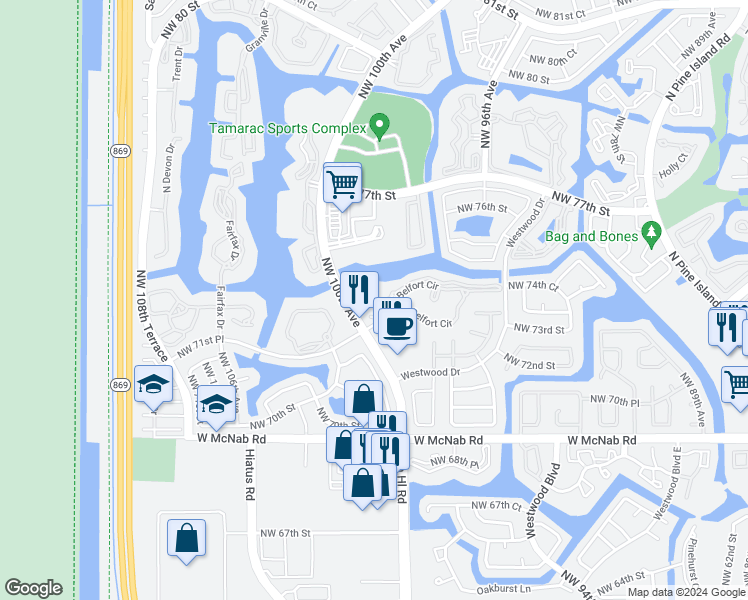 map of restaurants, bars, coffee shops, grocery stores, and more near 9953 North Belfort Circle in Tamarac