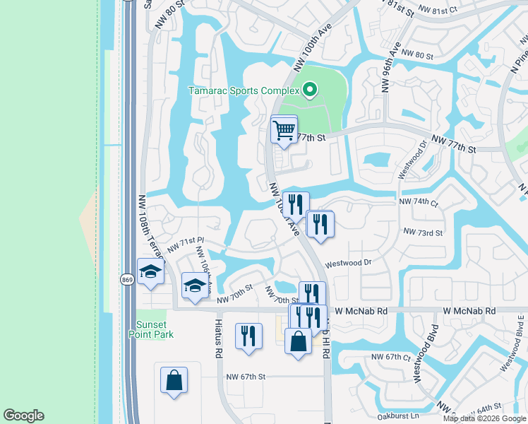 map of restaurants, bars, coffee shops, grocery stores, and more near 7412 Ashmont Circle in Tamarac