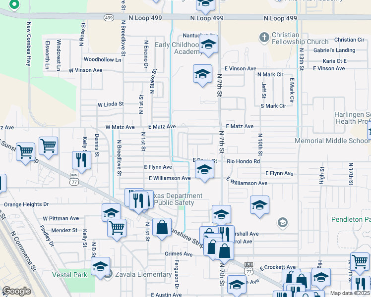map of restaurants, bars, coffee shops, grocery stores, and more near 2263 Shadowbrook Circle in Harlingen