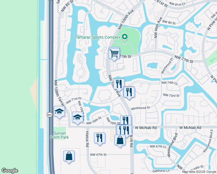 map of restaurants, bars, coffee shops, grocery stores, and more near 7342 Ashmont Circle in Tamarac