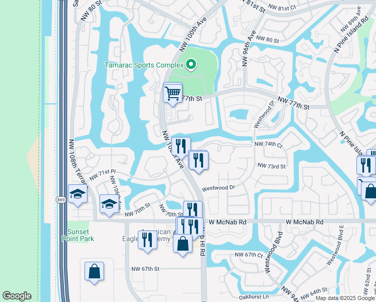 map of restaurants, bars, coffee shops, grocery stores, and more near 9955 North Belfort Circle in Tamarac