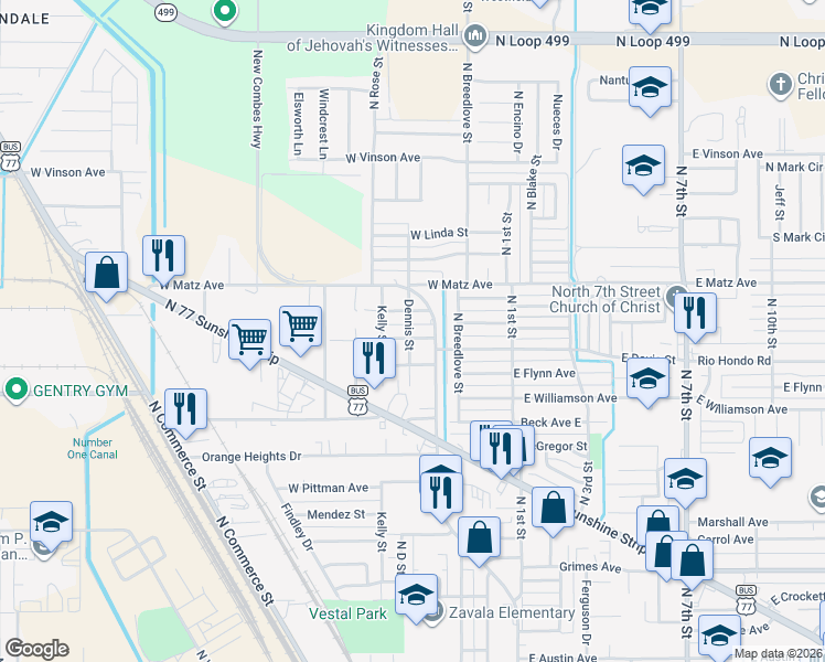 map of restaurants, bars, coffee shops, grocery stores, and more near 417 Marjory Avenue in Harlingen
