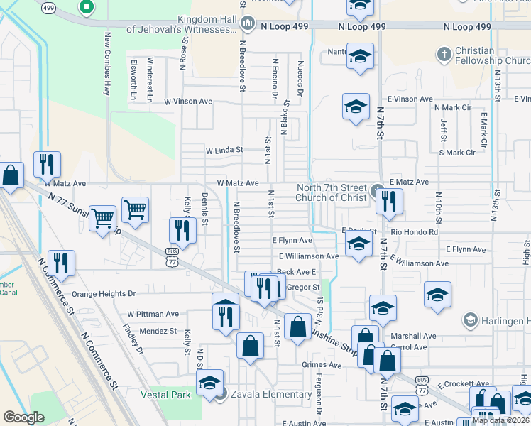 map of restaurants, bars, coffee shops, grocery stores, and more near 110-114 Hurst Avenue West in Harlingen
