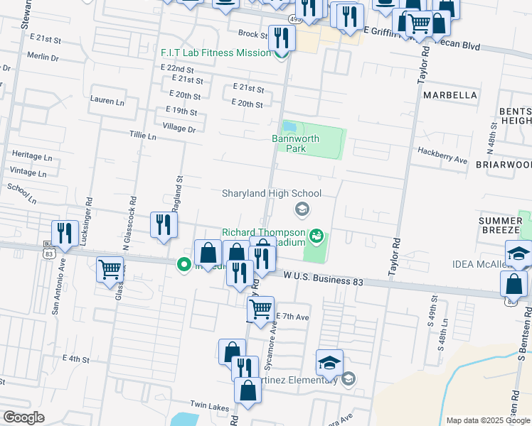 map of restaurants, bars, coffee shops, grocery stores, and more near 1106 North Shary Road in Mission