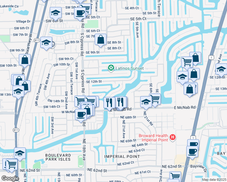 map of restaurants, bars, coffee shops, grocery stores, and more near 241 Southeast 12th Court in Pompano Beach