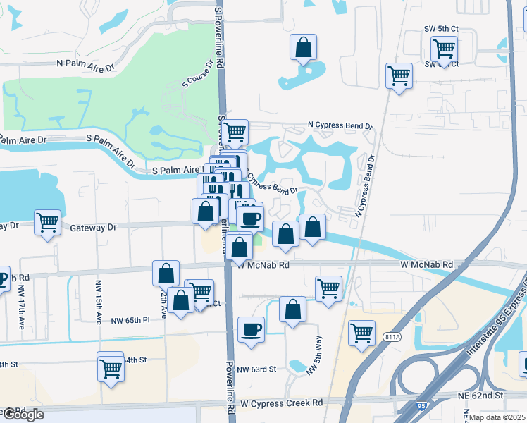 map of restaurants, bars, coffee shops, grocery stores, and more near 2324 South Cypress Bend Drive in Pompano Beach