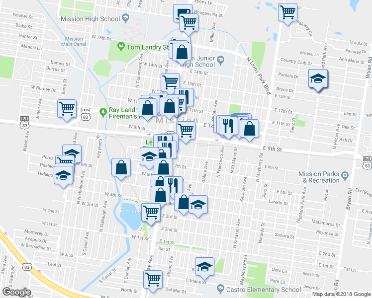 map of restaurants, bars, coffee shops, grocery stores, and more near 820 North Conway Avenue in Mission