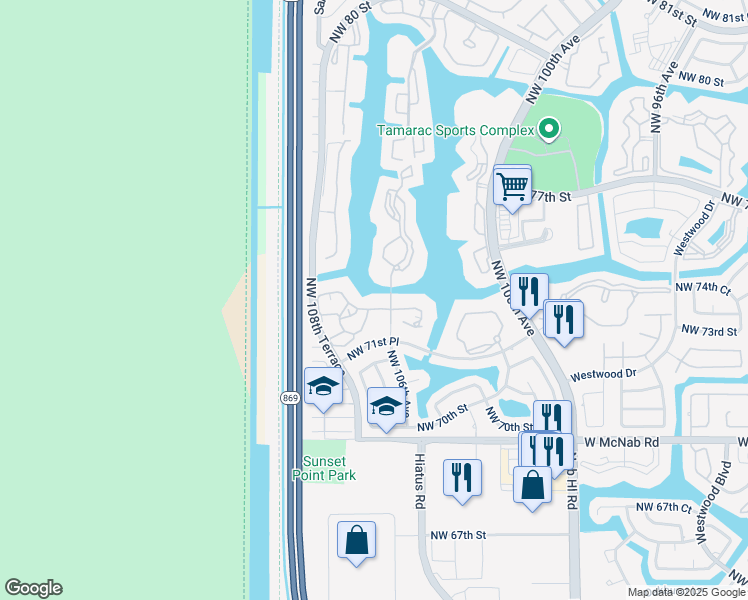 map of restaurants, bars, coffee shops, grocery stores, and more near 10604 West Clairmont Circle in Tamarac