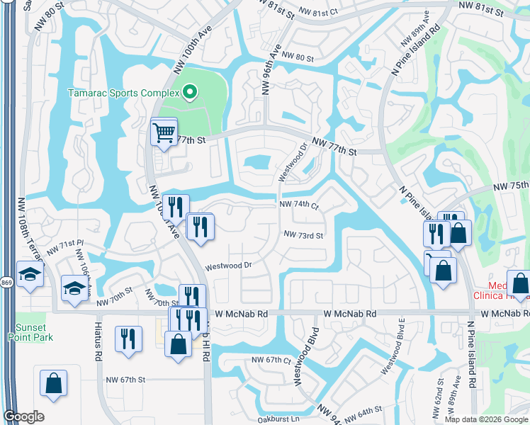 map of restaurants, bars, coffee shops, grocery stores, and more near 301 North Belfort Circle in Tamarac