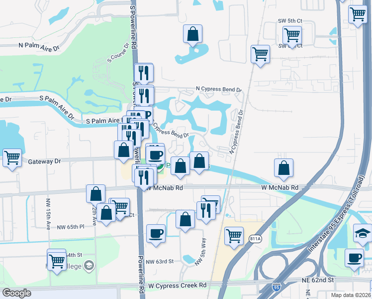 map of restaurants, bars, coffee shops, grocery stores, and more near 152 South Cypress Bend Drive in Pompano Beach